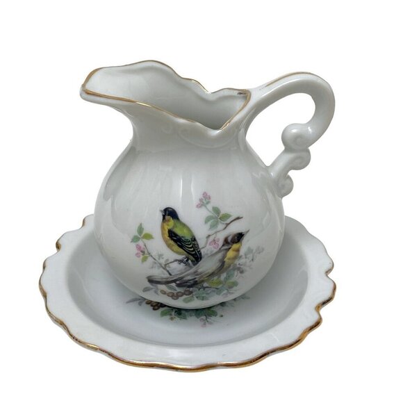 Vintage Creamer and Saucer Yellow Finch Birds Design Ceramic Set Mini Pitcher - Picture 1 of 10
